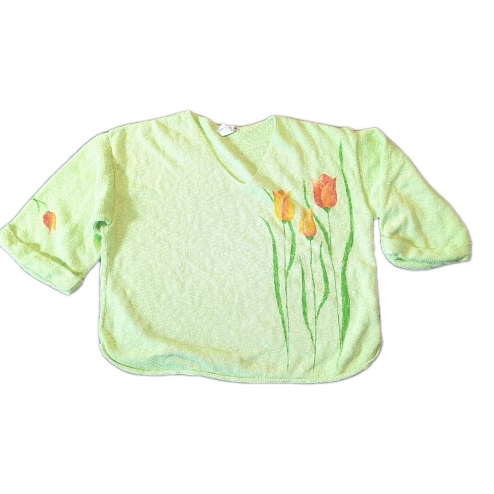 Avalin Sweater OSFM Green Tulip Lagenlook Boxy Hand Painted USA‎ Artsy Easter